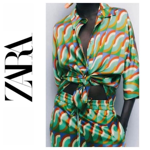 NWOT Zara Blogger’s Favorite Satin Effect Geometric Print Oversized Shirt, Small - Picture 1 of 16